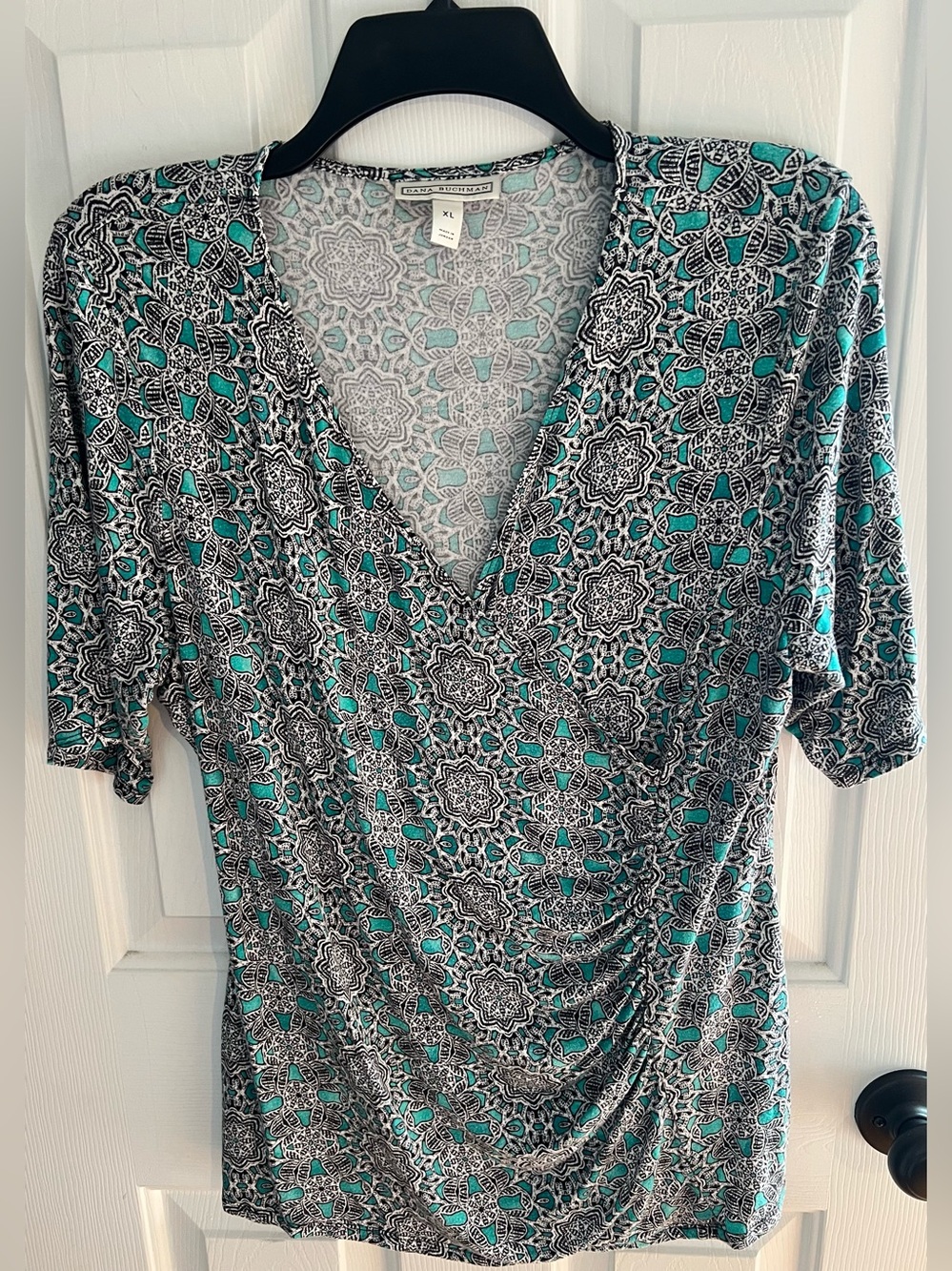 Dana Buchman Teal & Black Geometric Mandala Faux Wrap Top Blouse - Women's XL